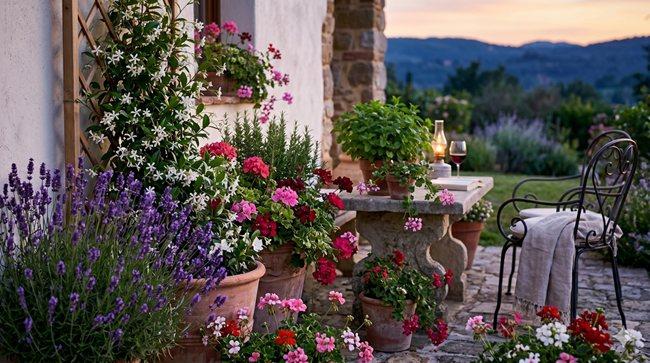 Duftender Jasmin Lavendel und Gardenien in Töpfen auf einer Terrasse