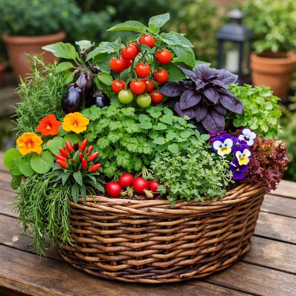 Mixed vegetable flower container garden