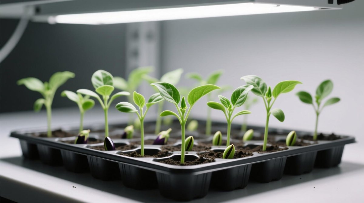 Eggplant seedlings in starter pots