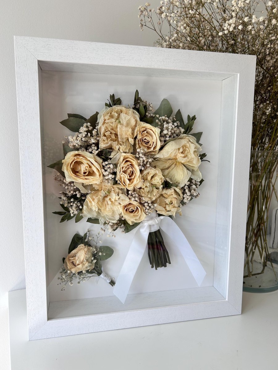 Wedding bouquet in shadow box frame
