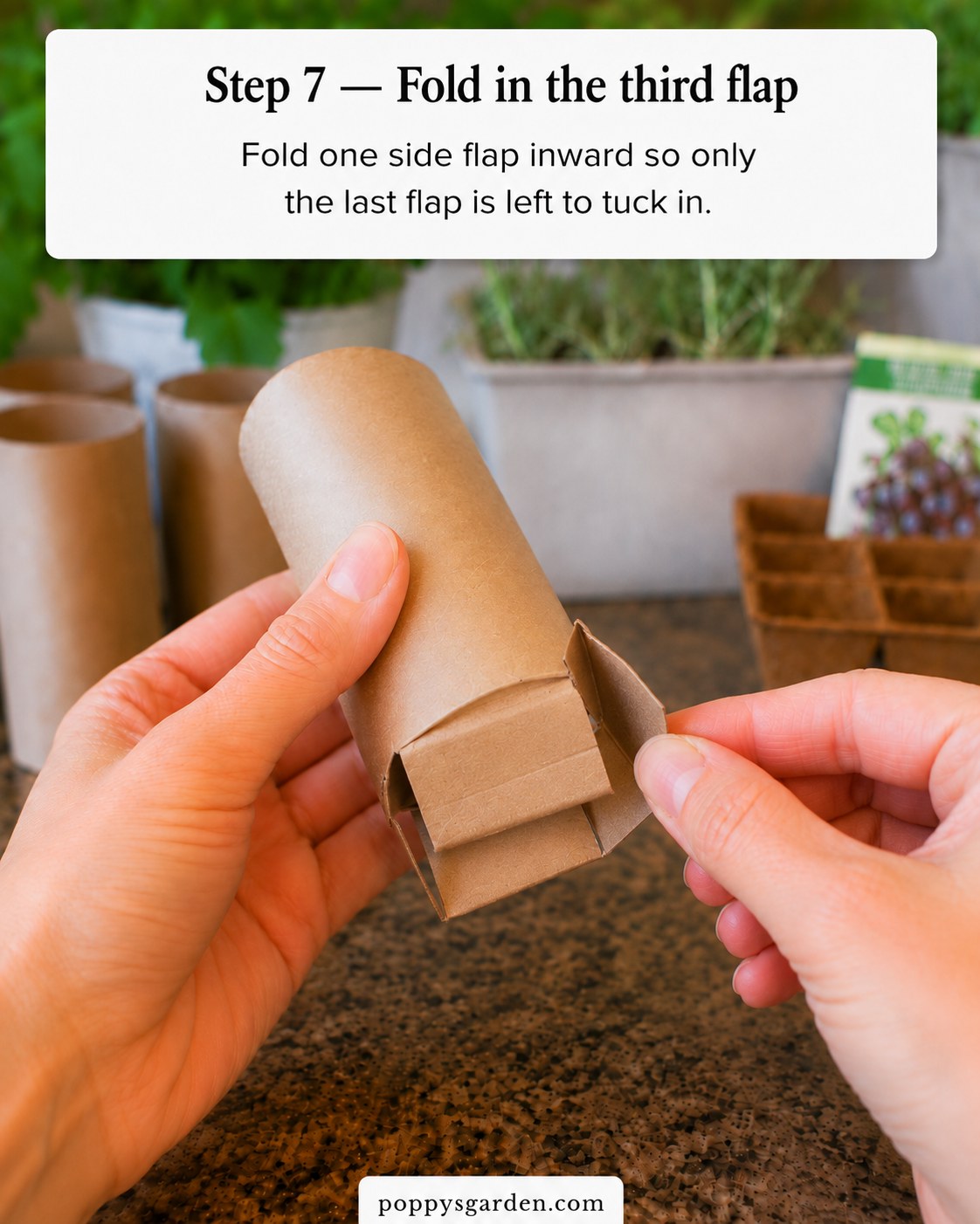 A third side flap folded inward, leaving one flap left to tuck into the toilet paper roll seed starter pot.