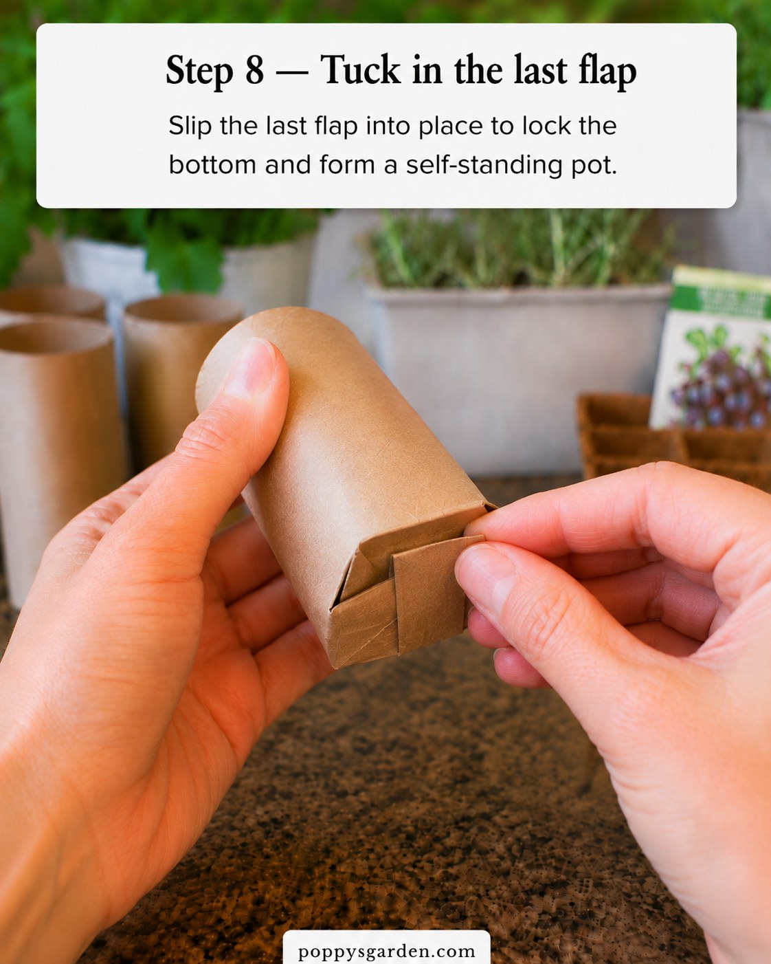 The final flap being tucked in to lock the base of a self-standing toilet paper roll seed starter pot.