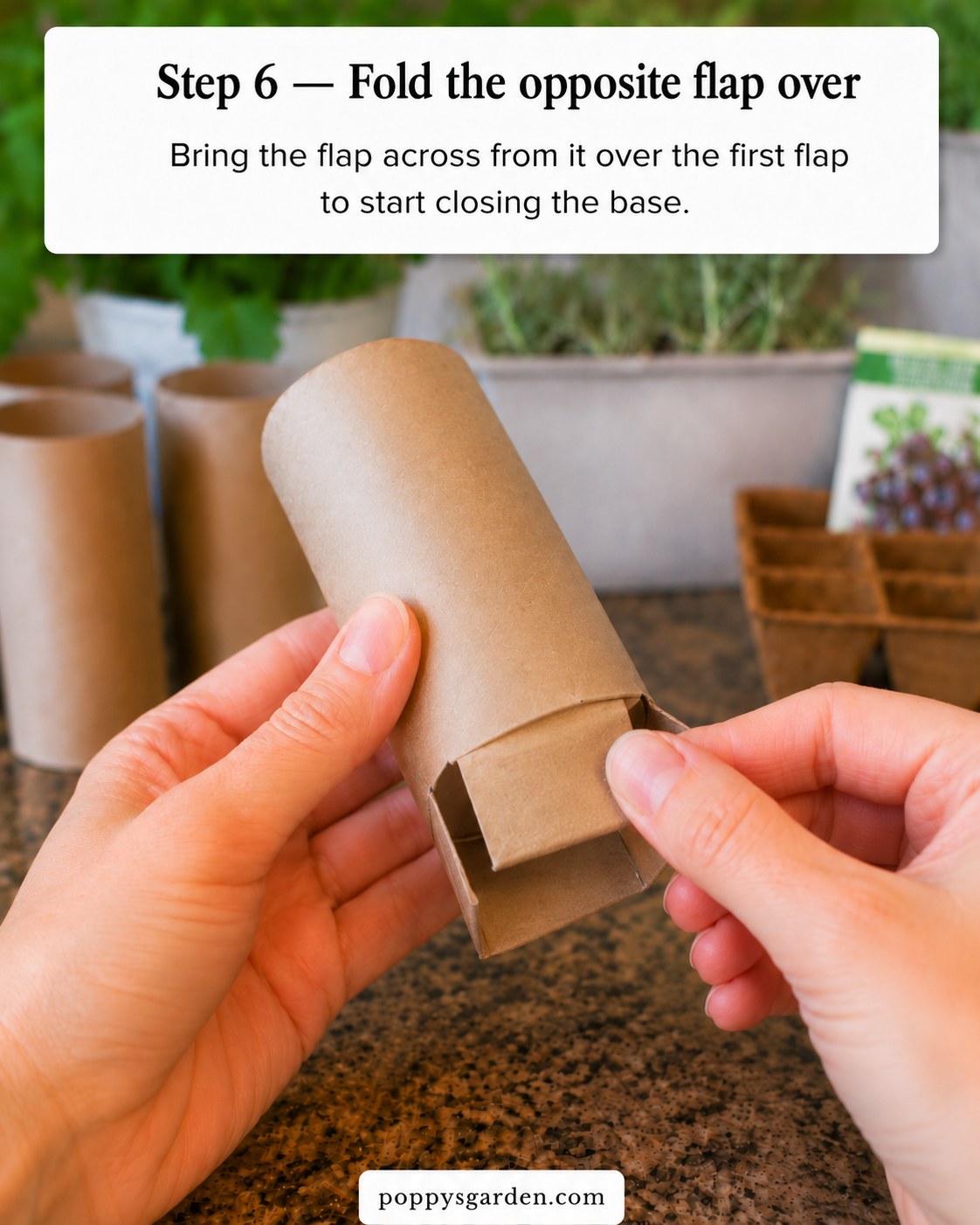 A second, opposite flap folded over the first to begin closing the base of a toilet paper roll seed starter pot.