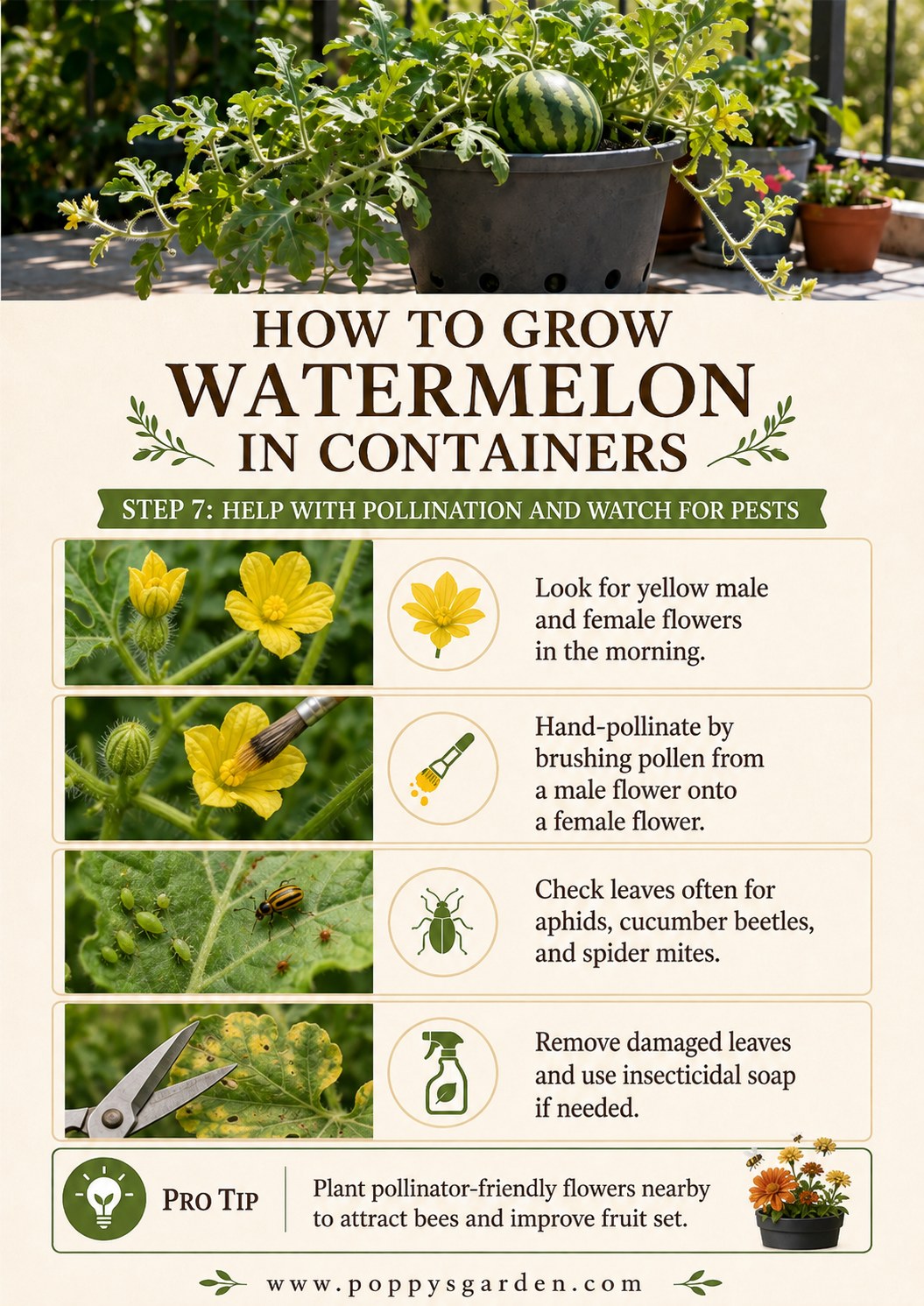 A yellow watermelon flower being hand-pollinated to help fruit set on a container-grown vine.