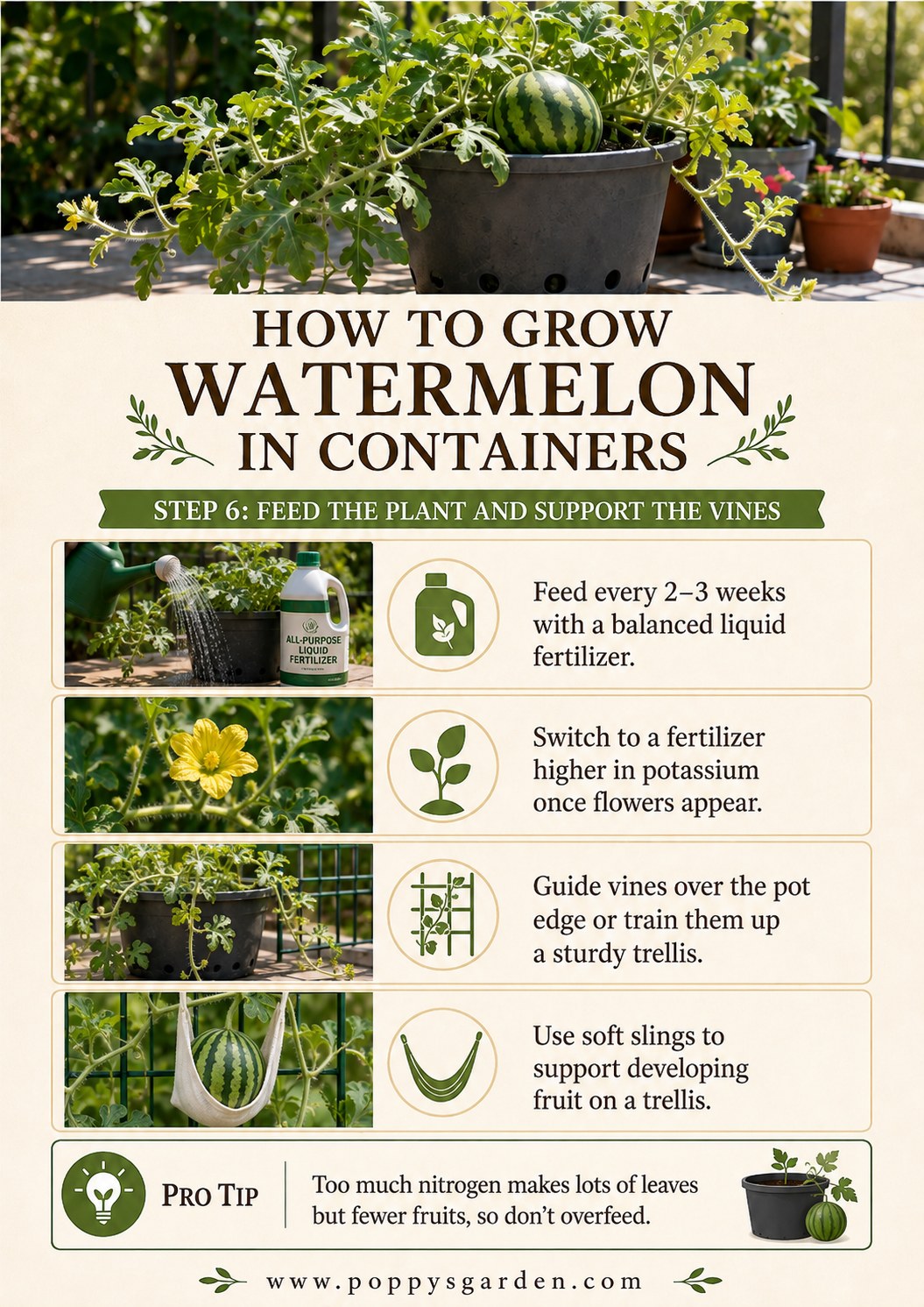 Watermelon vines trained over a trellis with a soft sling supporting a young developing fruit.