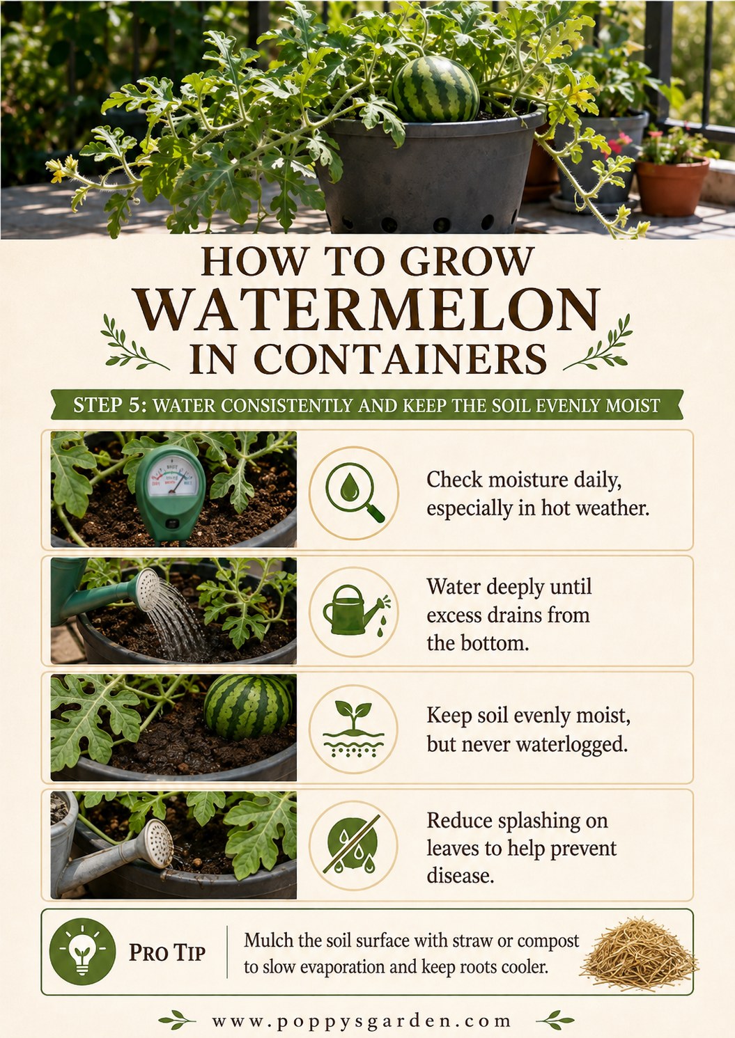 Watering a watermelon container deeply until moisture reaches the roots and drains from the bottom.