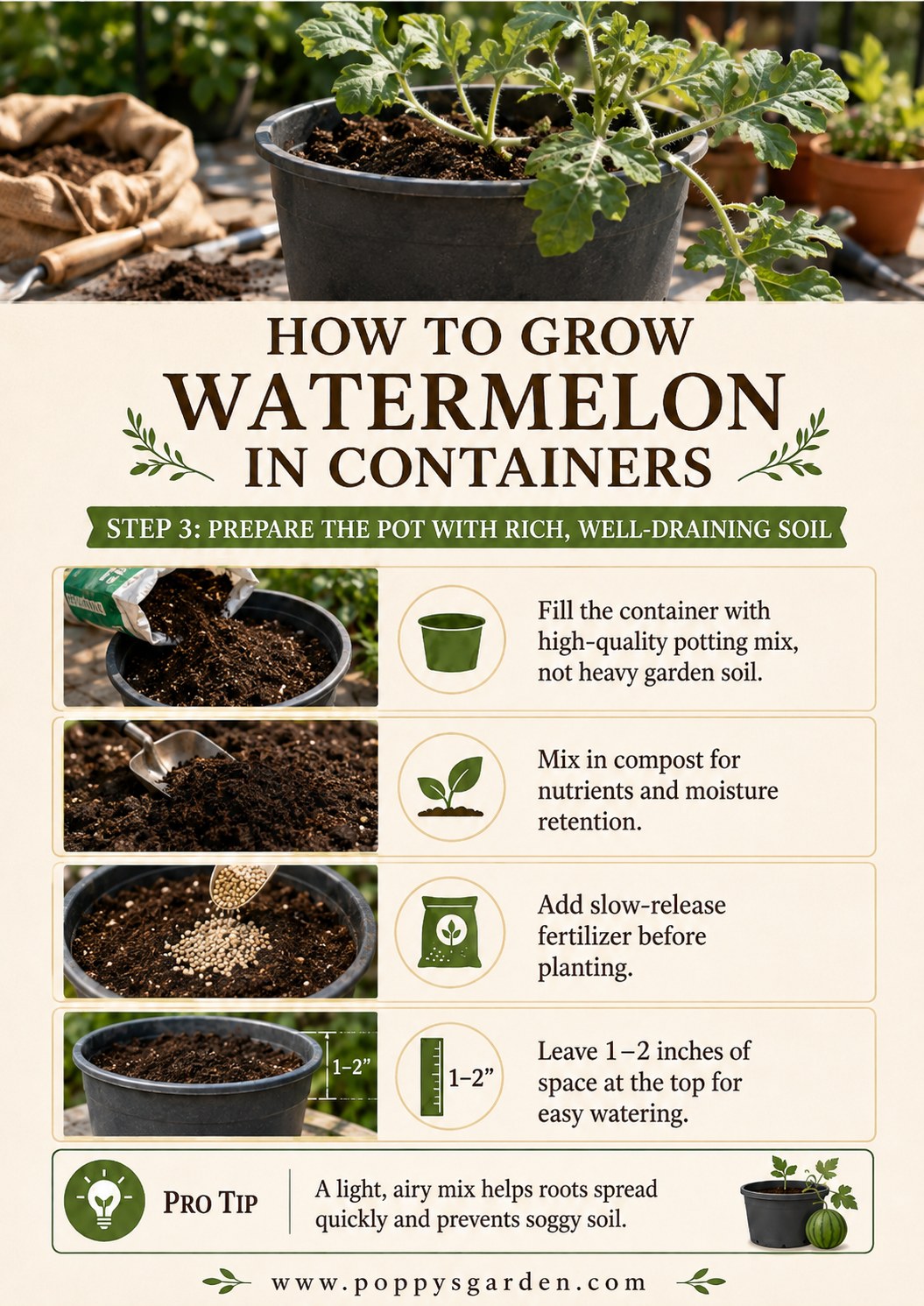 Rich, well-draining potting mix and compost being layered into a pot before planting watermelon.