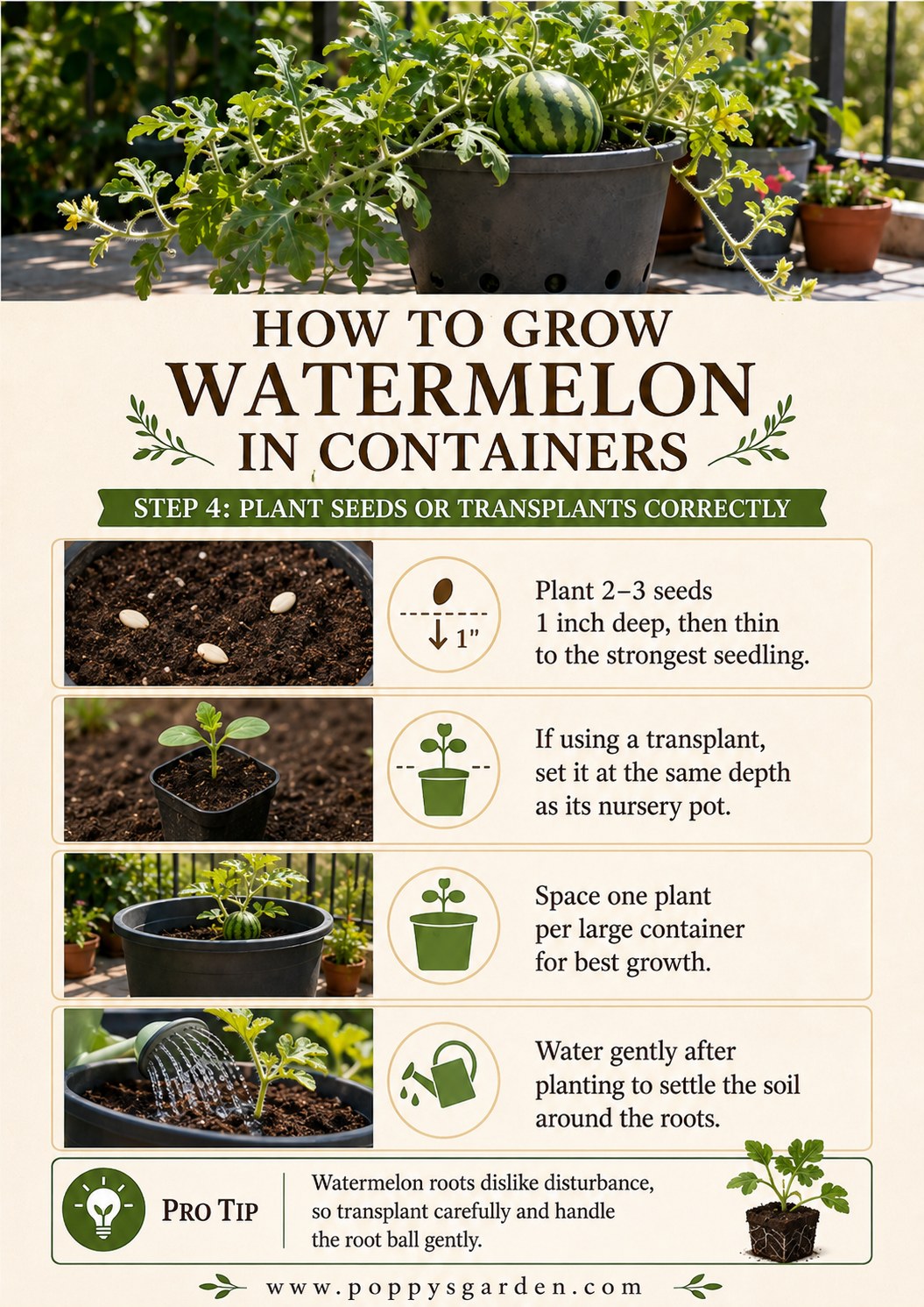 Watermelon seeds and a young transplant going into a container, spaced one plant per pot.