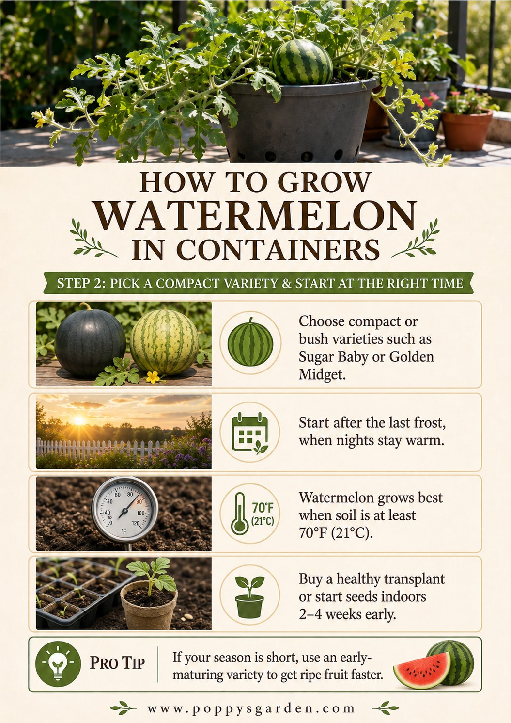 Compact Sugar Baby and Golden Midget watermelons chosen for their short vines when growing watermelon in containers.