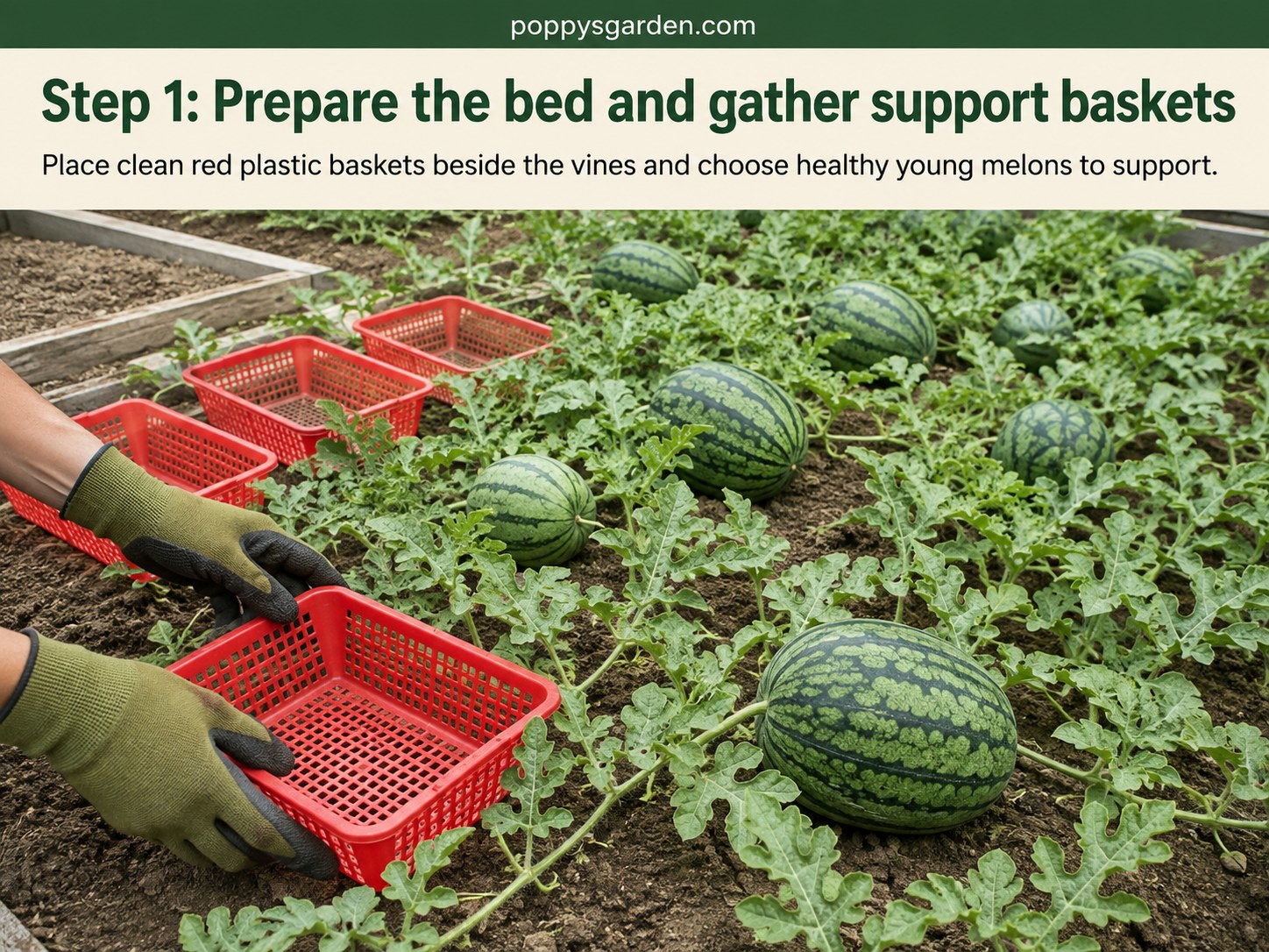 Gardener placing red plastic baskets beside watermelon vines as an alternative to a vertical trellis setup