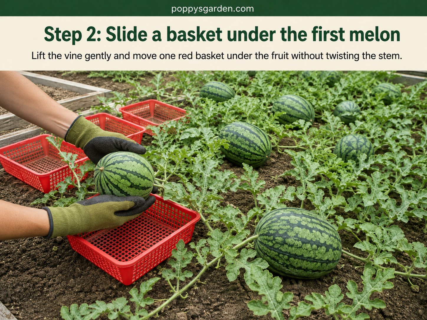 Hands sliding a red basket under a young watermelon fruit to support it without a trellis structure