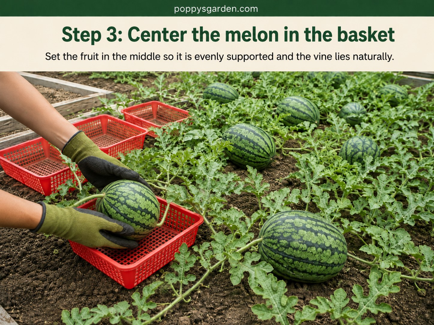 Watermelon centered evenly in a red basket so the vine lies naturally along the garden bed
