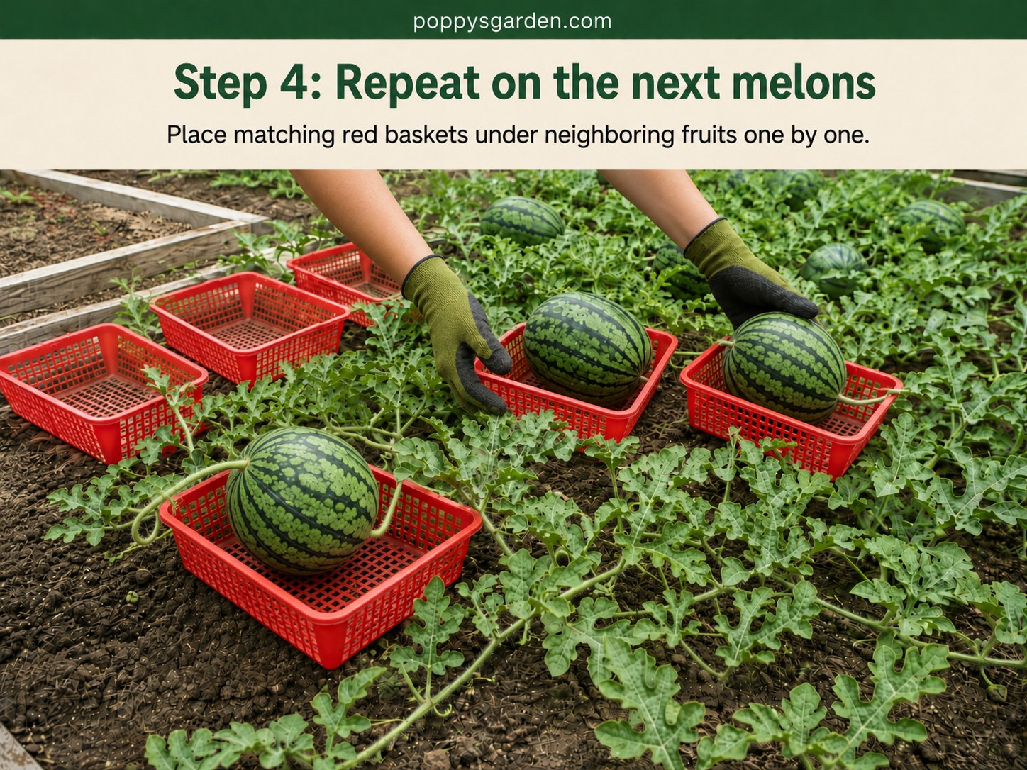 Gardener repeating the basket support method across several watermelon fruits in a row