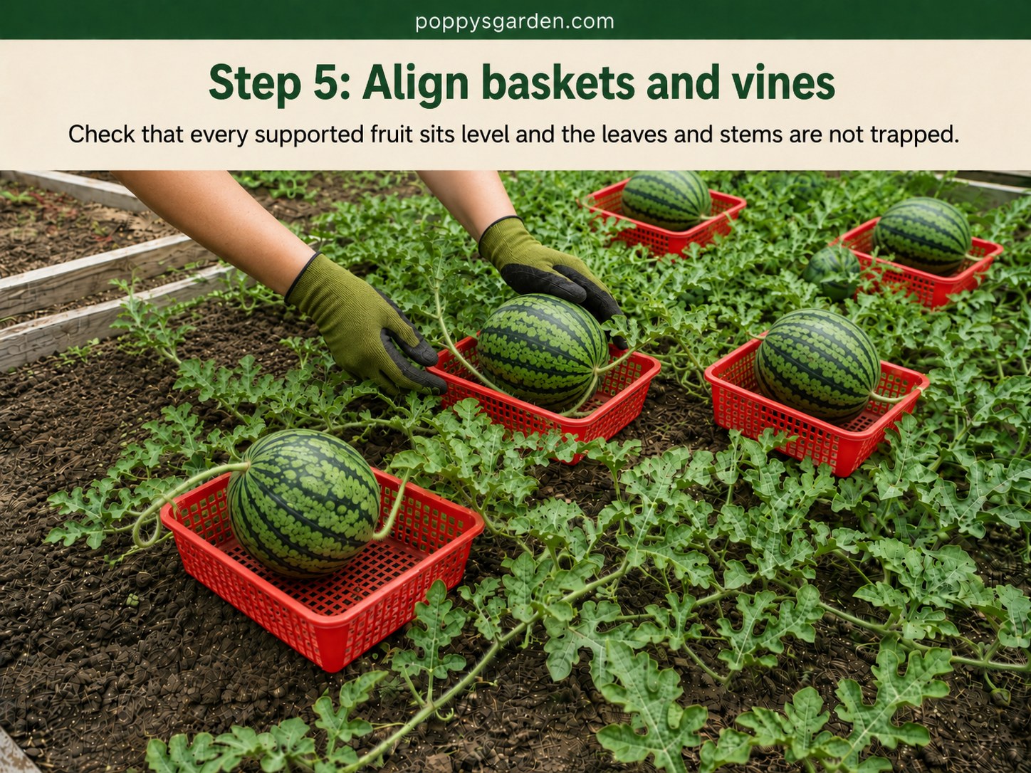 Checking that each basket-supported watermelon sits level with vines and leaves untangled