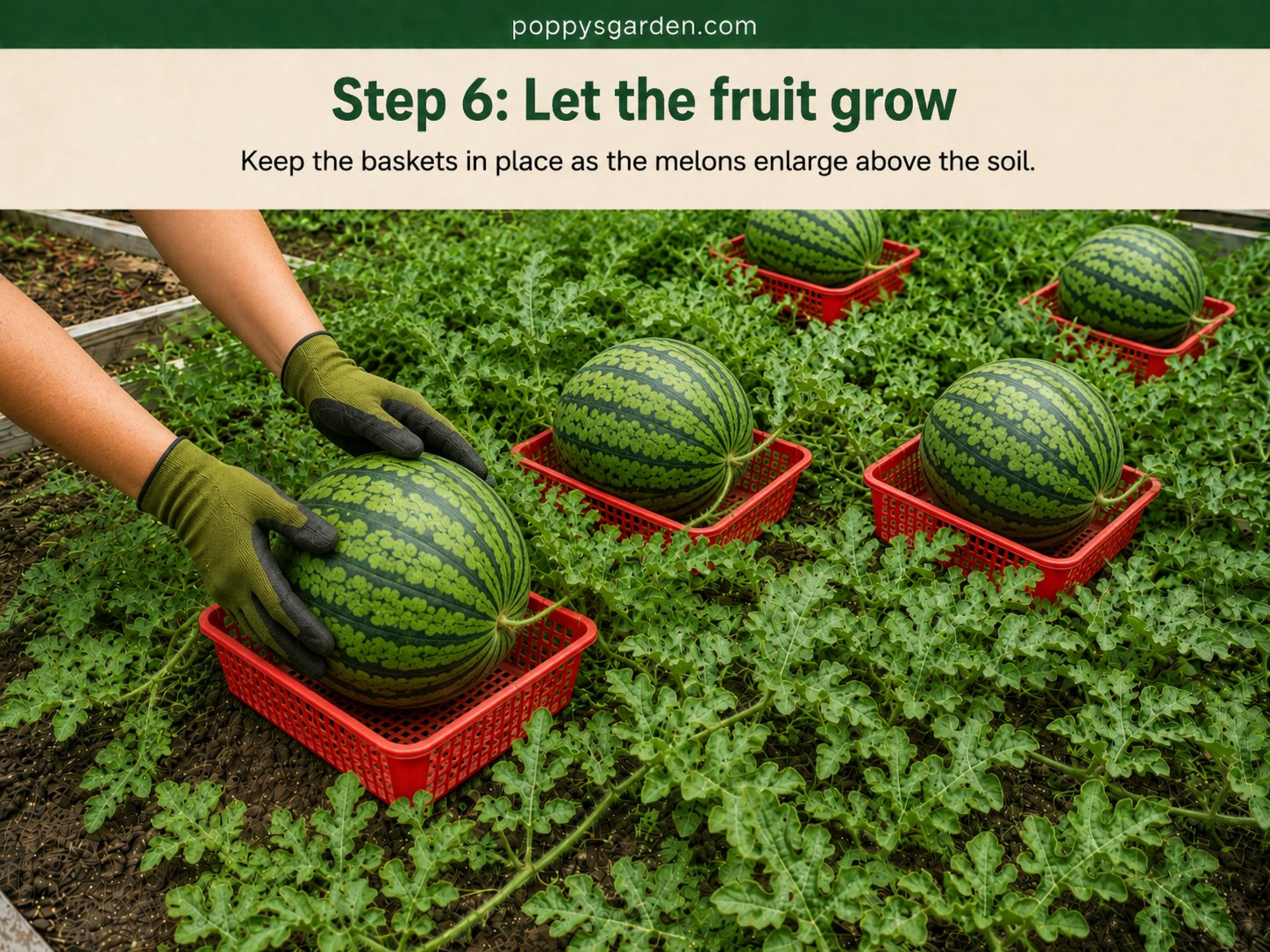 Watermelons enlarging above the soil while resting in red support baskets instead of a trellis