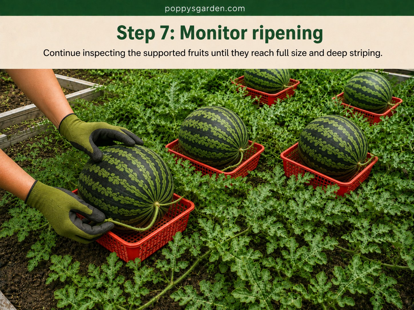 Inspecting a nearly ripe watermelon with deep striping while it rests in its ground-level basket
