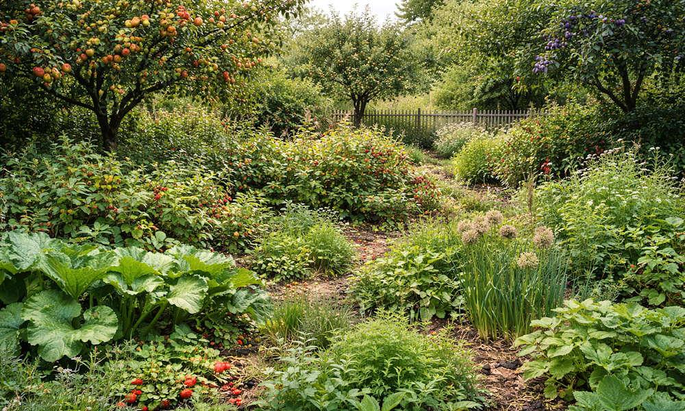 Edible food forest with fruit trees