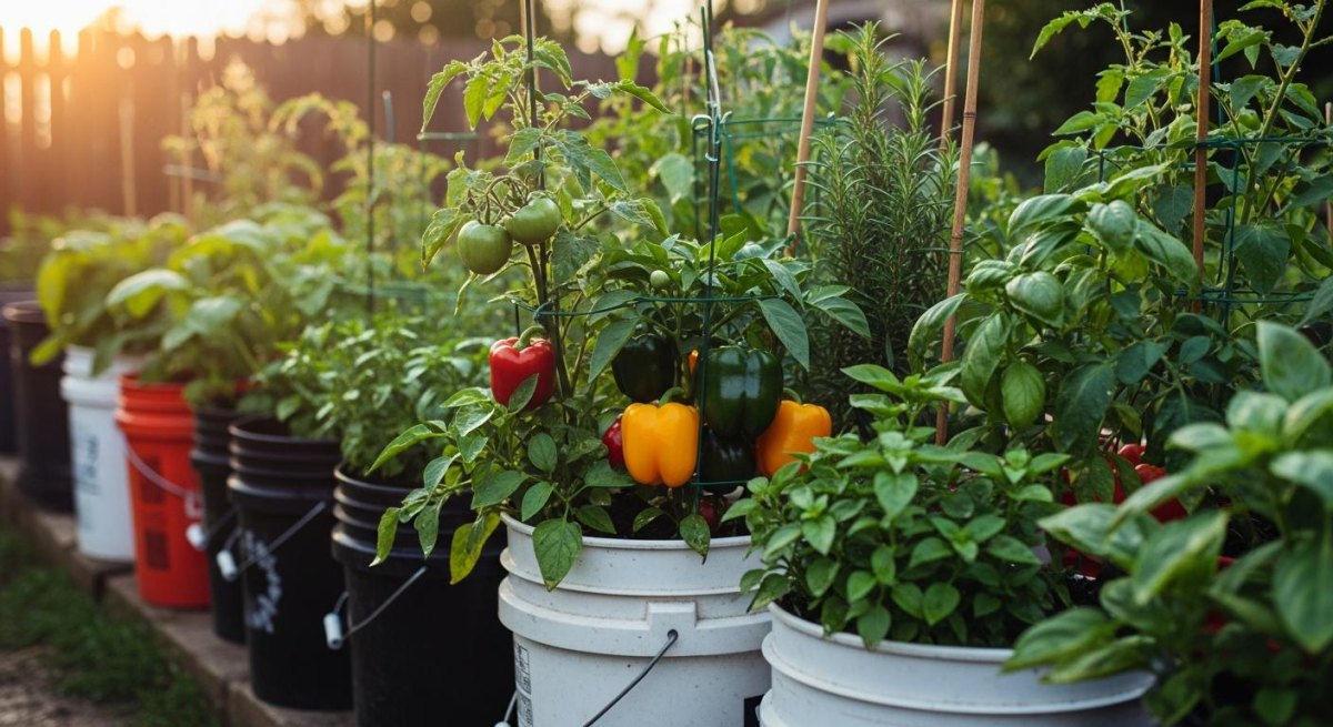 Pepper plants in bucket containers