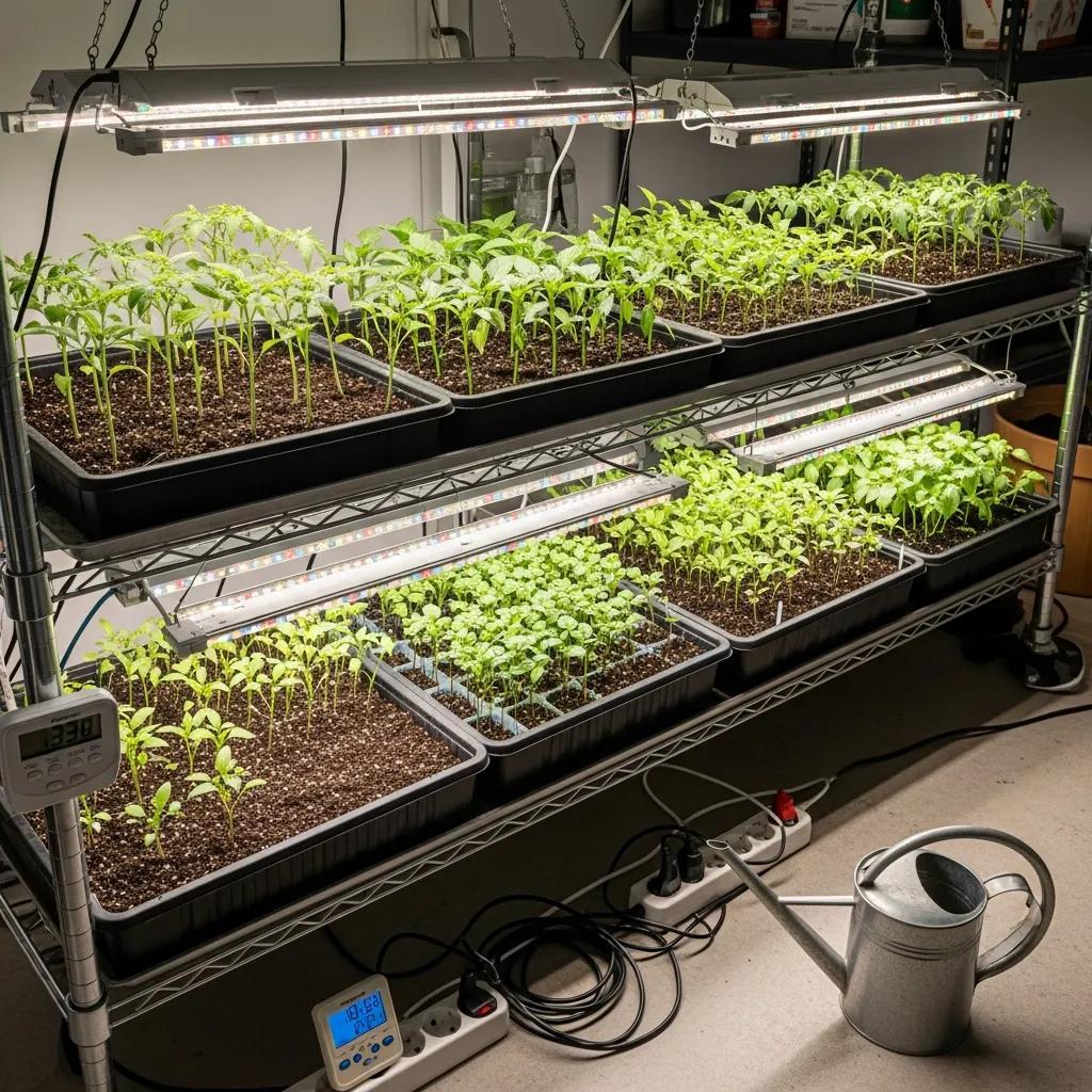 LED grow lights above seedling trays