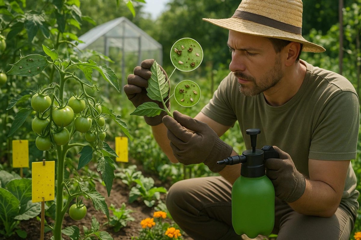 Gardener inspecting leaves and handpicking garden pests
