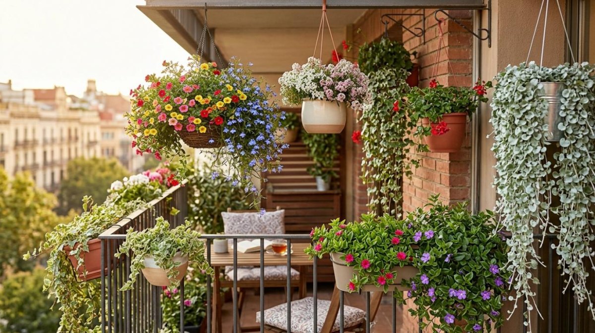 Flower-filled balcony garden with colorful hanging baskets and cascading flowering plants