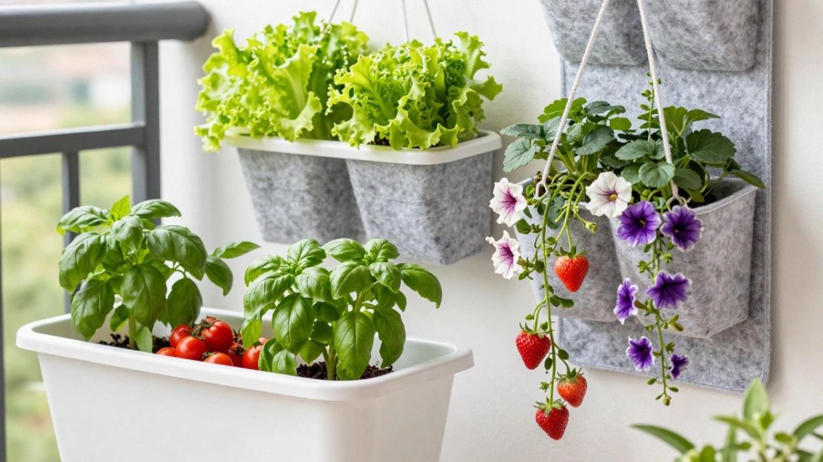 Hanging baskets filled with leafy greens and ripe strawberries