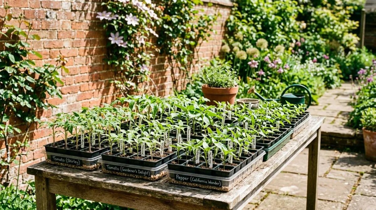 Seedlings hardening off outdoors