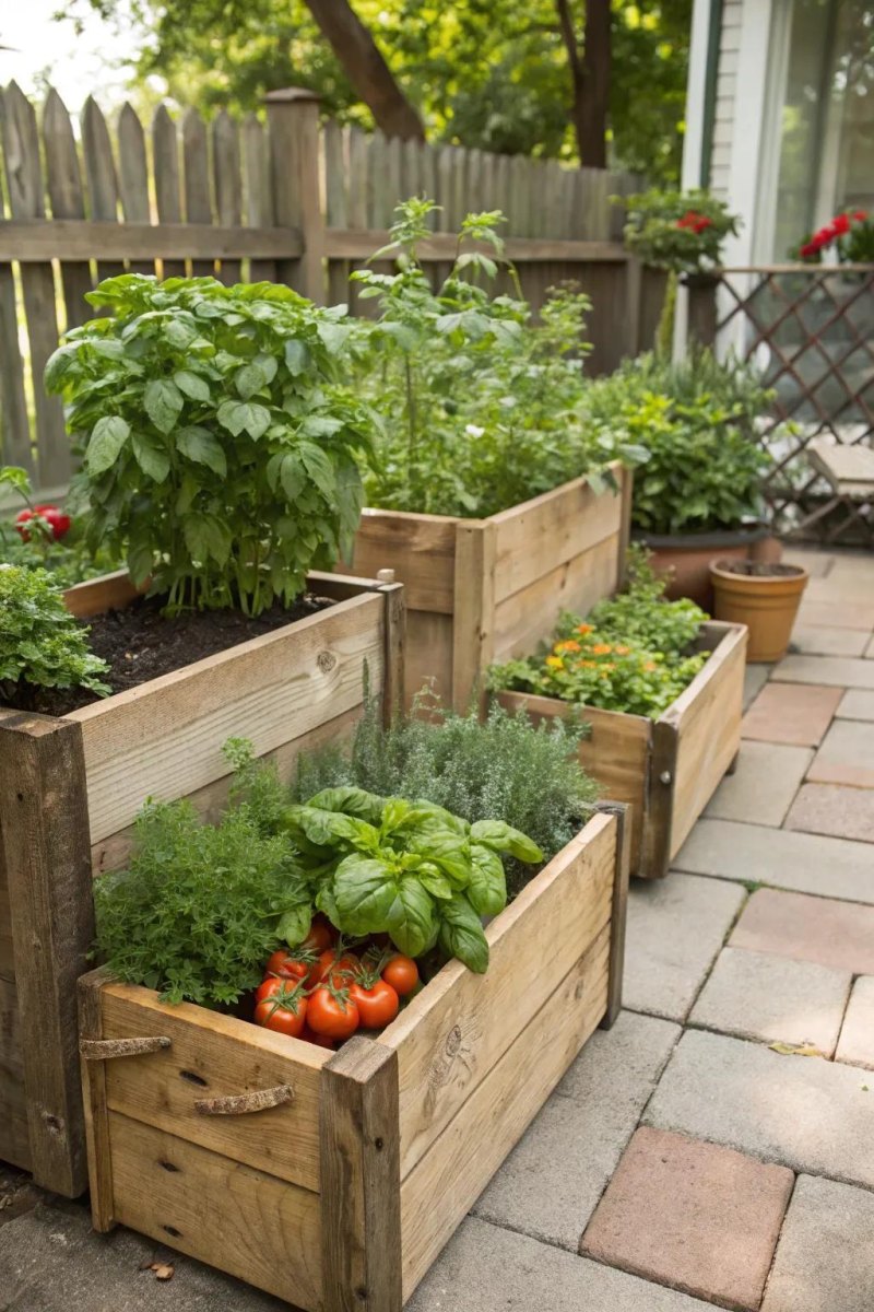 Herbs and vegetables in patio pots
