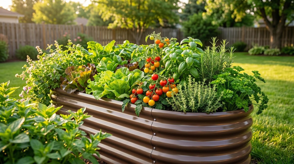 Basil lettuce and cherry tomatoes growing together in a planter