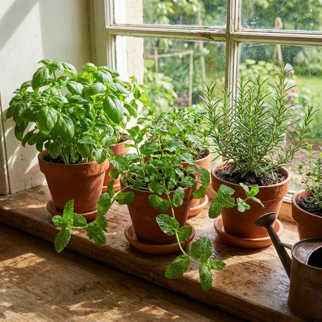 Herb pots beside a kitchen area