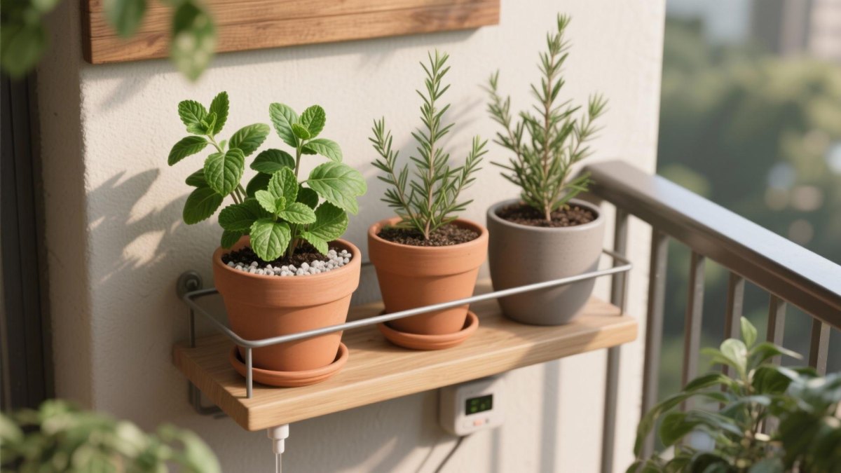 Compact balcony herb garden with terracotta pots and a wooden wall-mounted shelf
