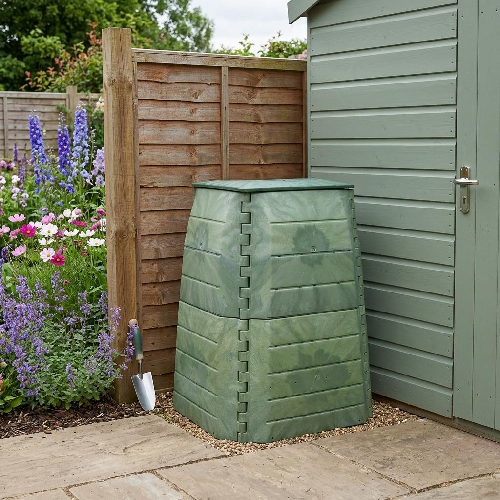 Compost bin tucked in side yard