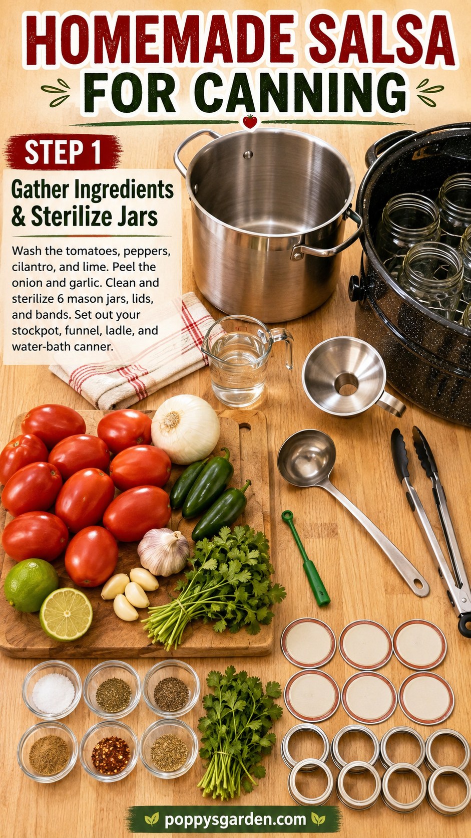 Ingredients and sterilized mason jars staged for homemade salsa for canning on a wooden counter