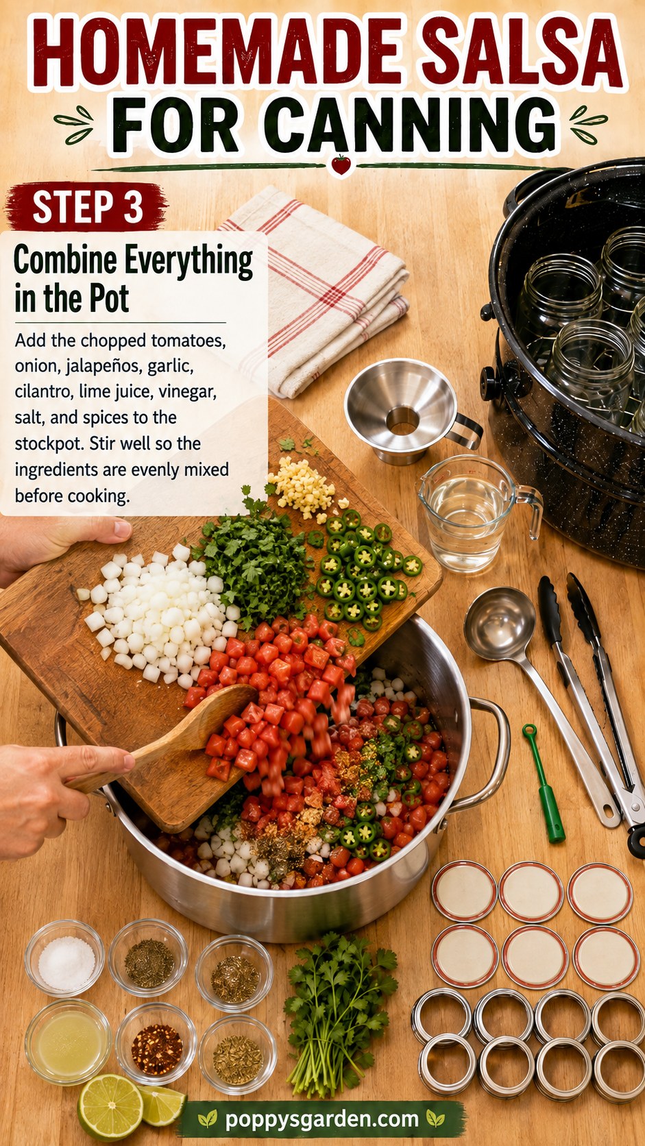 Chopped vegetables and lime juice combined in a stockpot for homemade salsa for canning