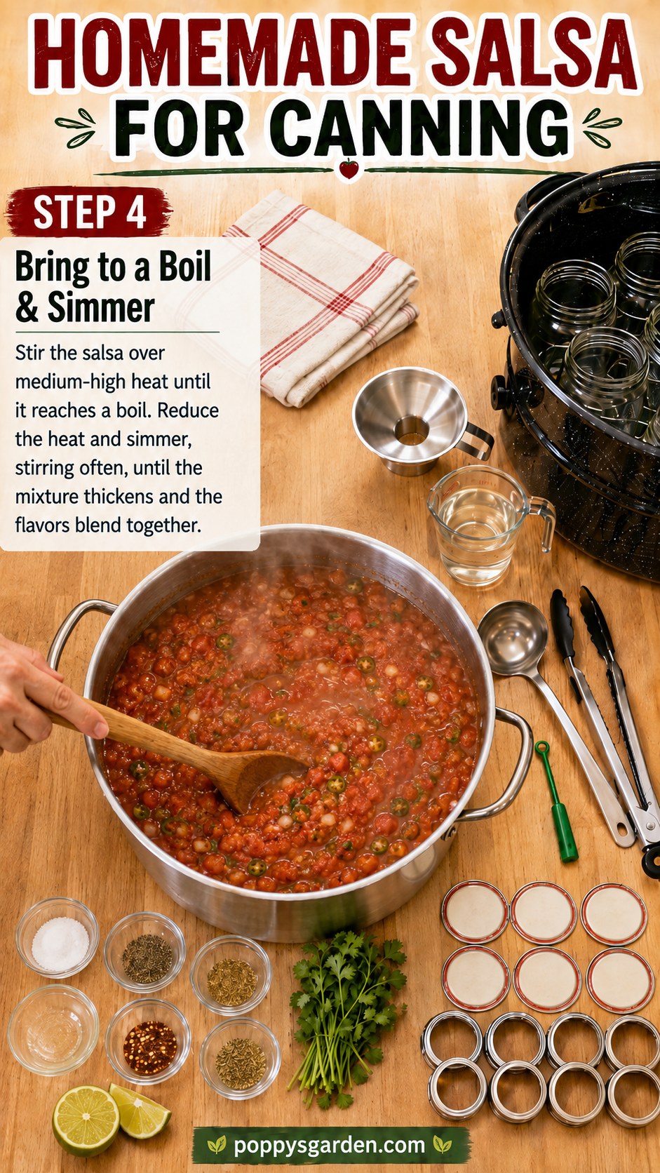 Thickened red salsa simmering in a stockpot during homemade salsa for canning preparation