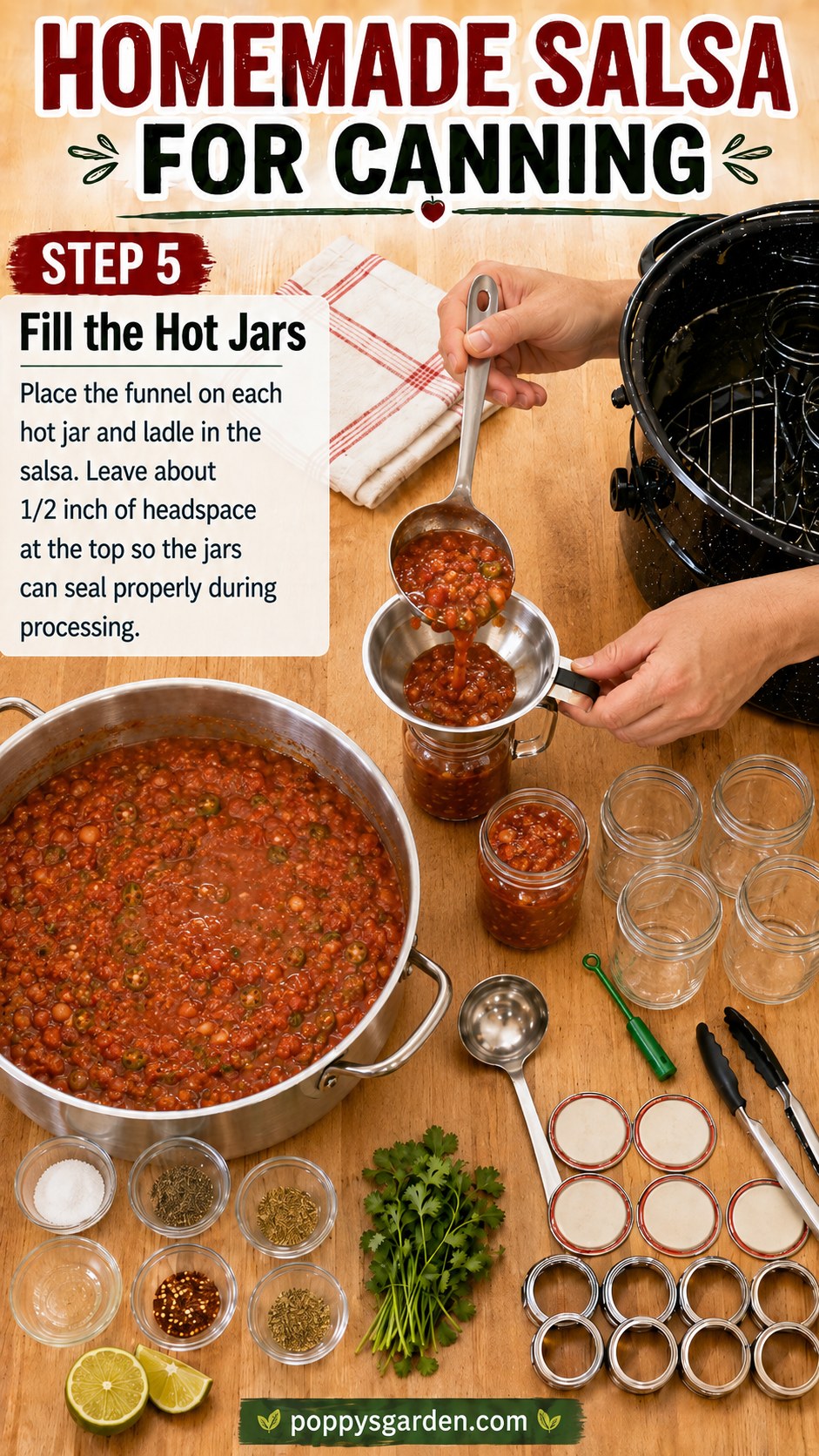 Ladling hot salsa through a funnel into a mason jar while making homemade salsa for canning