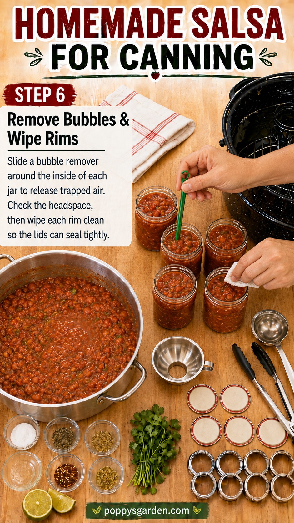 Bubble remover tool clearing trapped air from jars of homemade salsa for canning