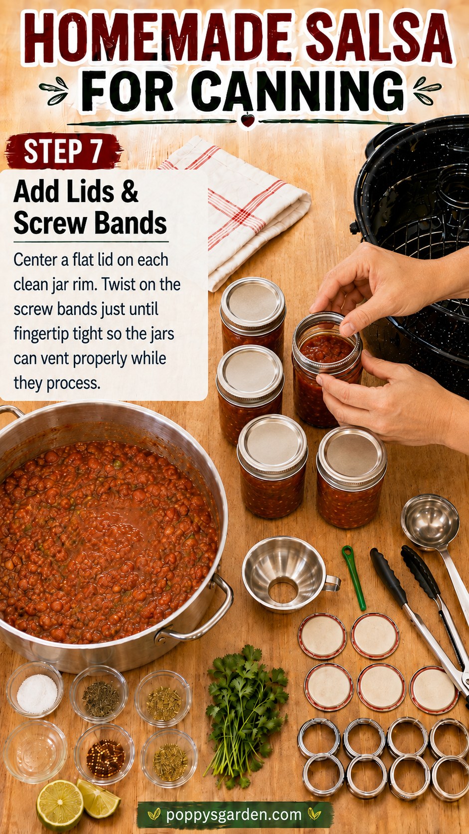 Hands twisting a screw band fingertip tight onto a lid for homemade salsa for canning