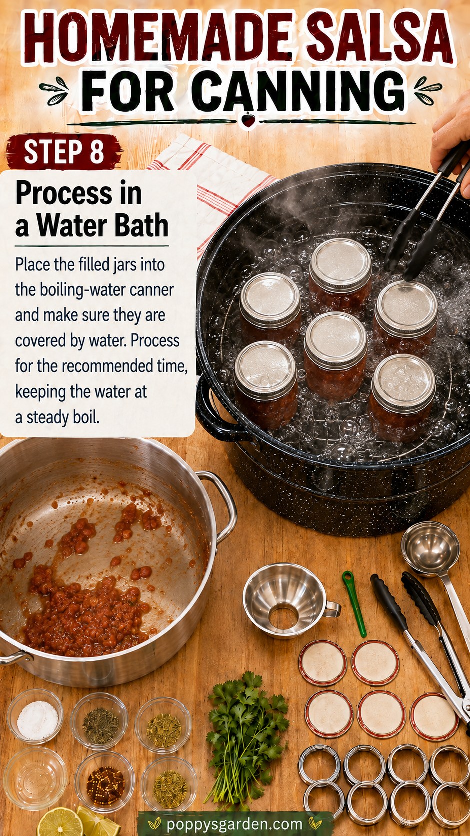 Filled jars submerged in a boiling water-bath canner during homemade salsa for canning