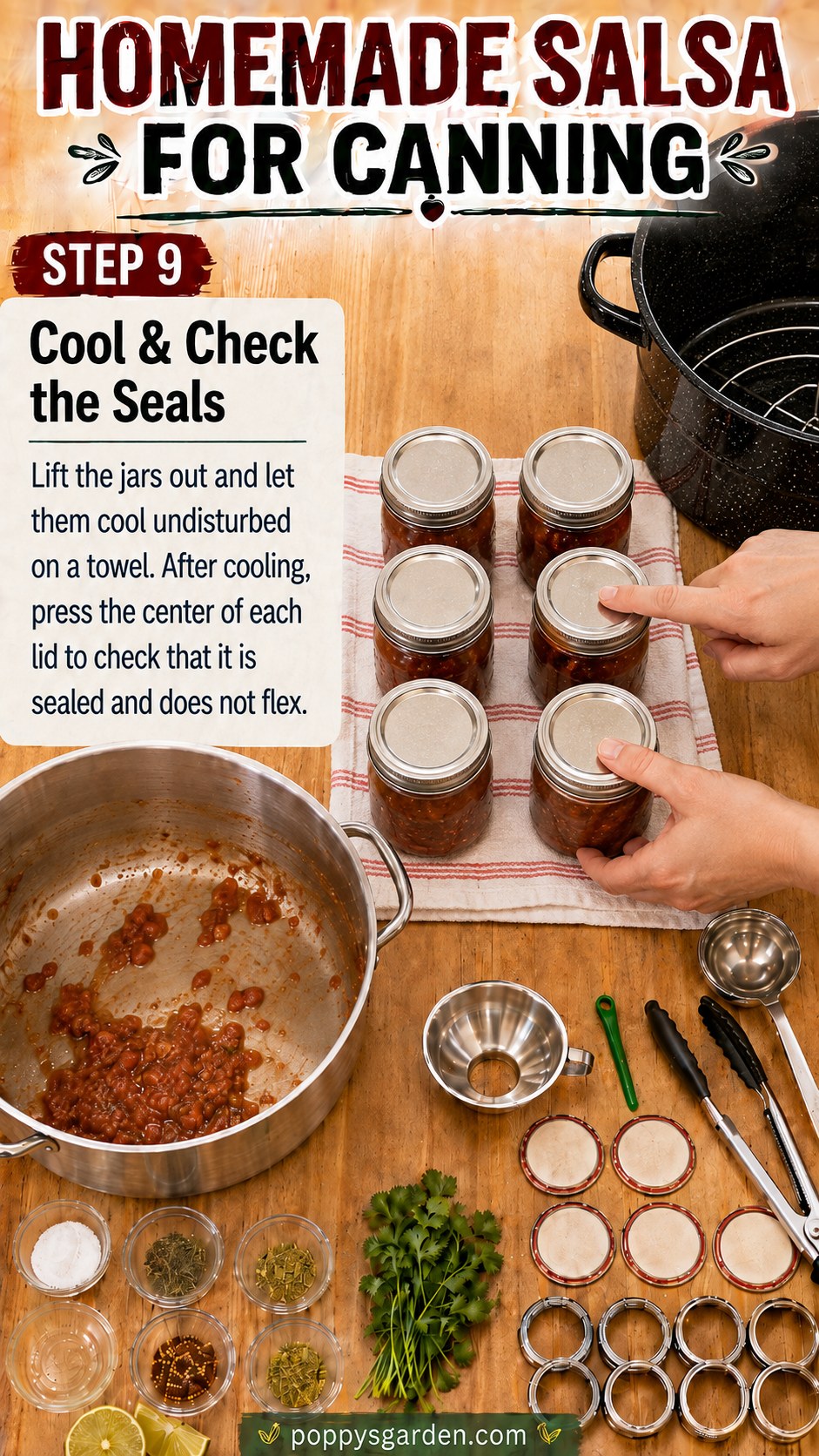 Cooling jars on a towel with a hand pressing a lid to check the seal after canning salsa