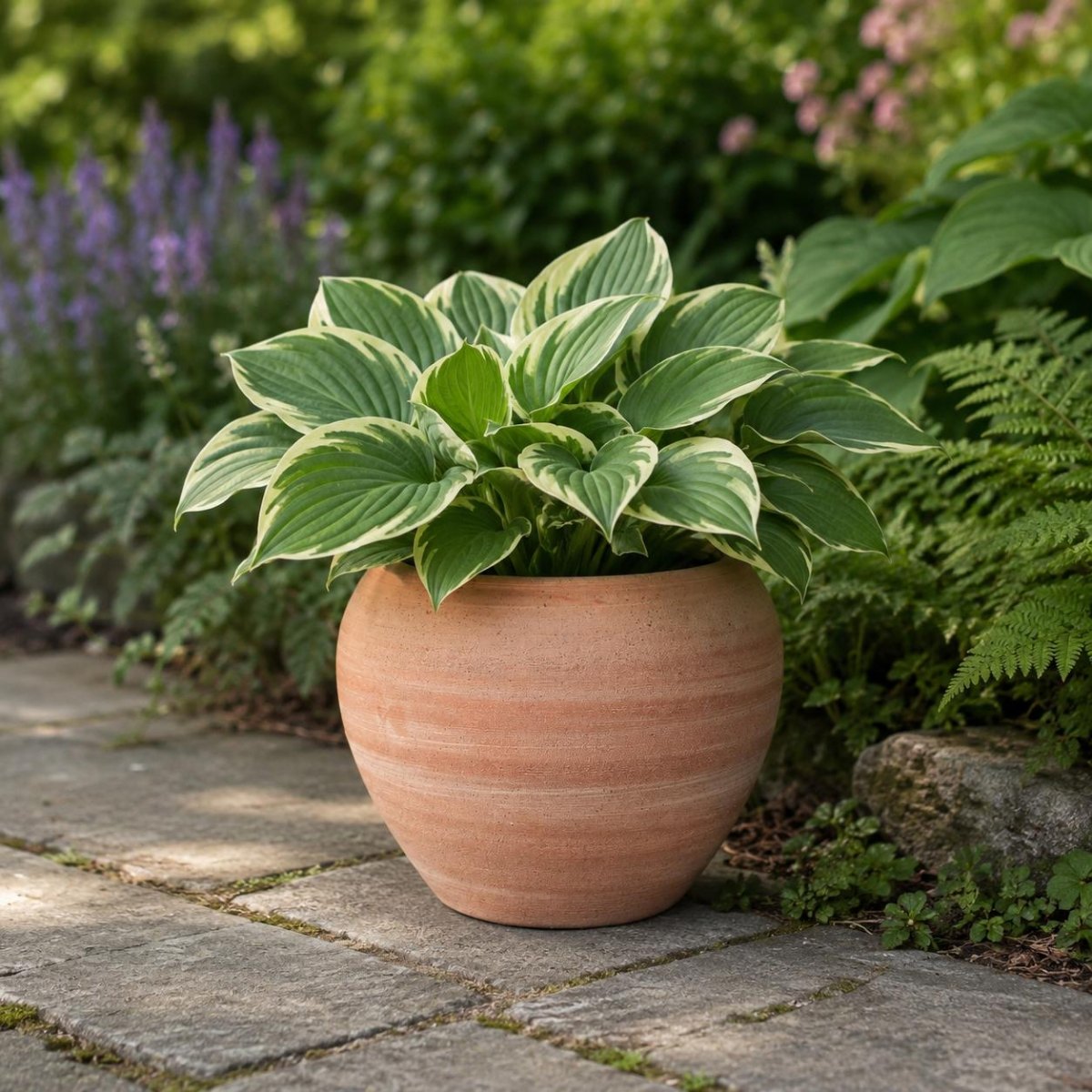 Bold hosta foliage filling a blue pot in shade