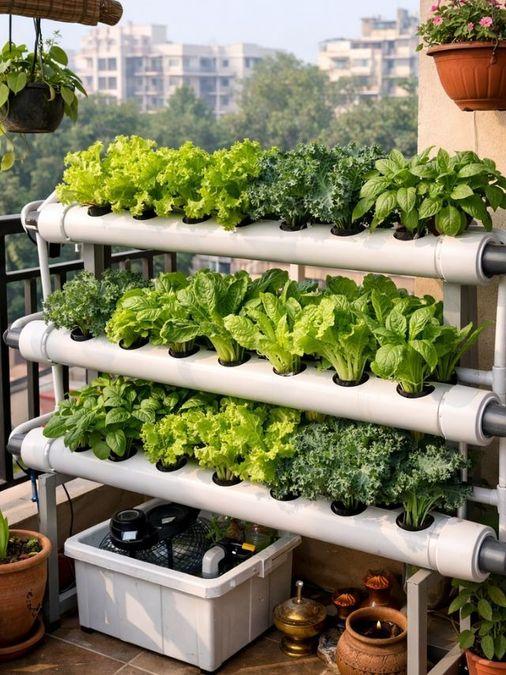 Hydroponic vegetable garden on balcony