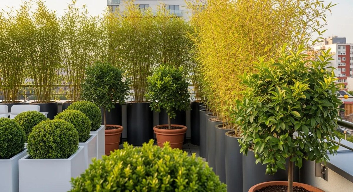 Immergrüne Bambuspflanzen und Sträucher als natürlicher Terrassensichtschutz