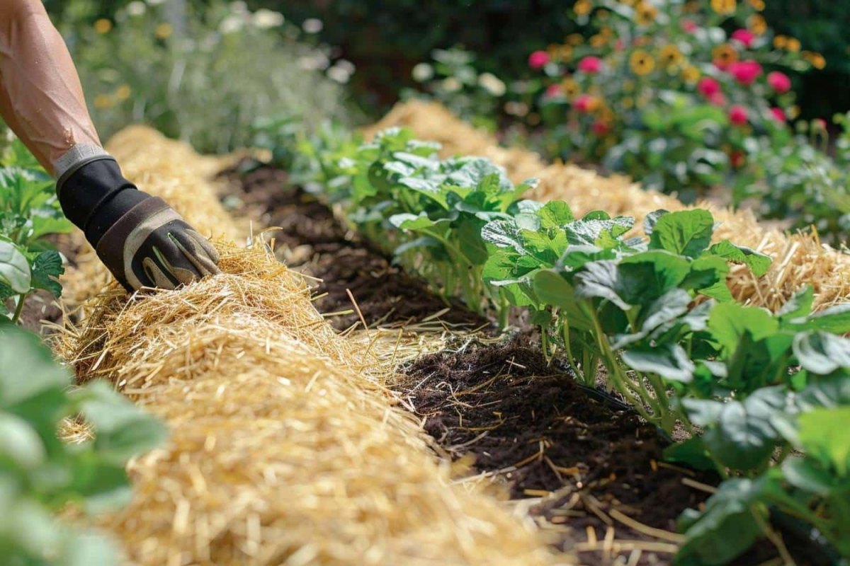 Organic straw mulch covering soil around vegetable plants