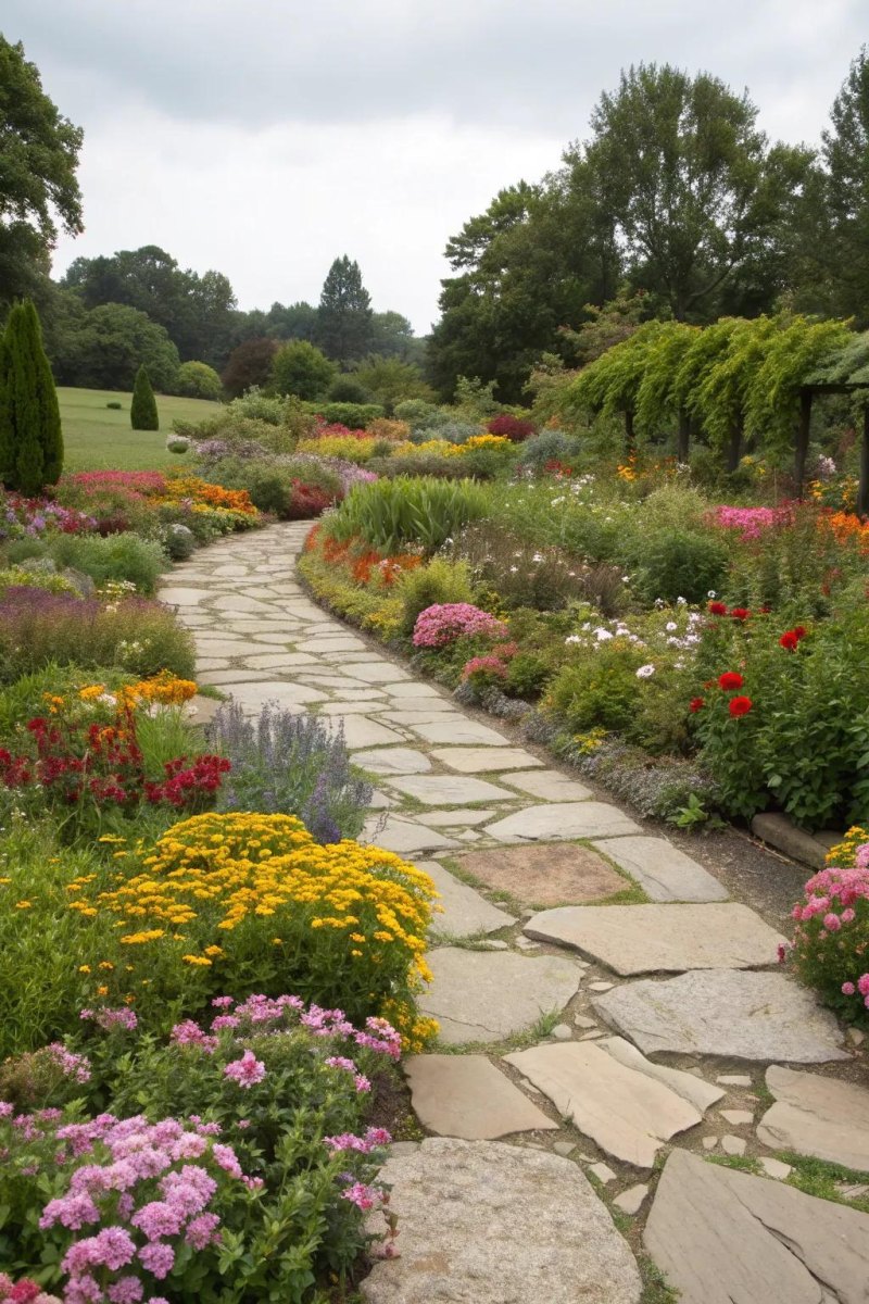 Garden pathway between flower beds