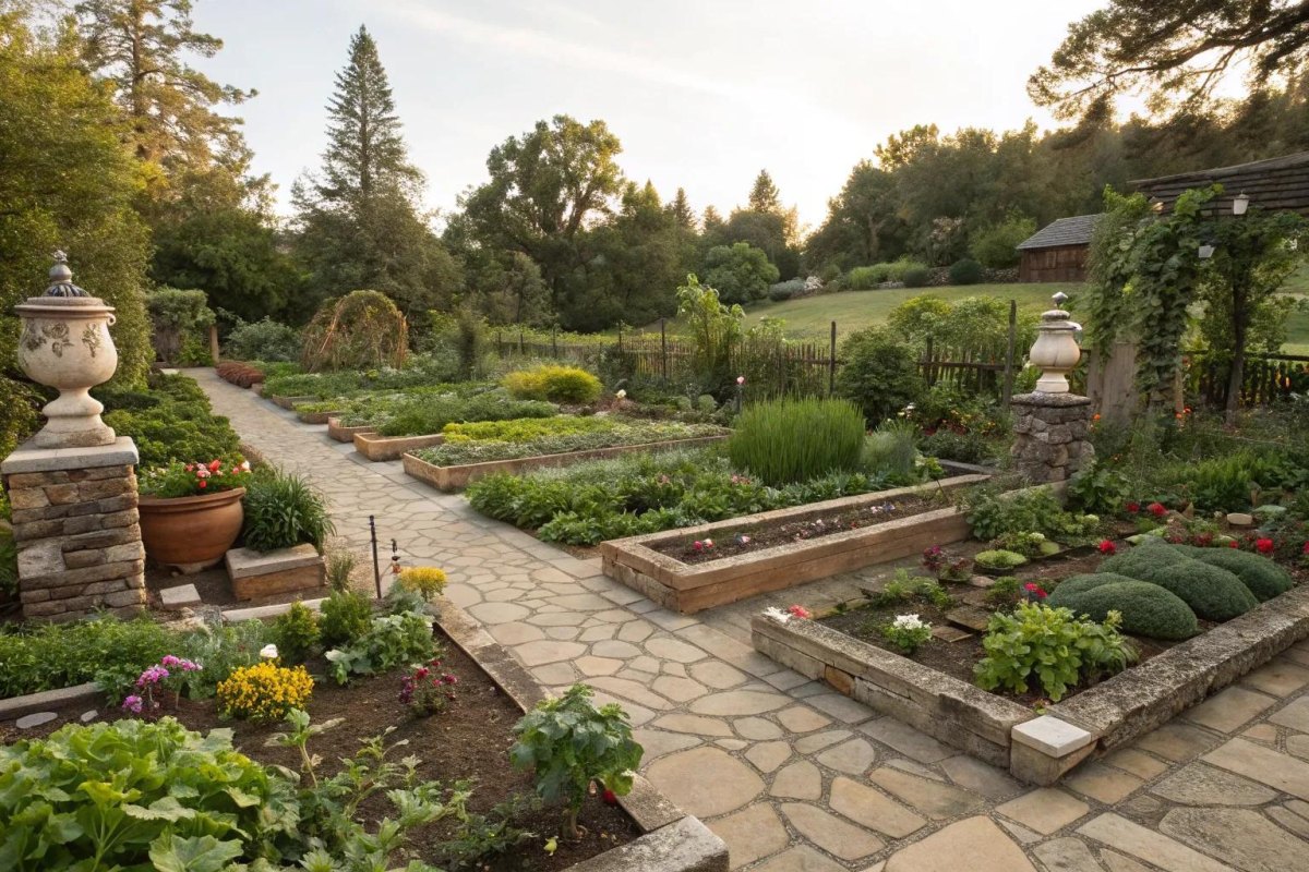 Raised herb beds with neat stone pathways and brick garden edging