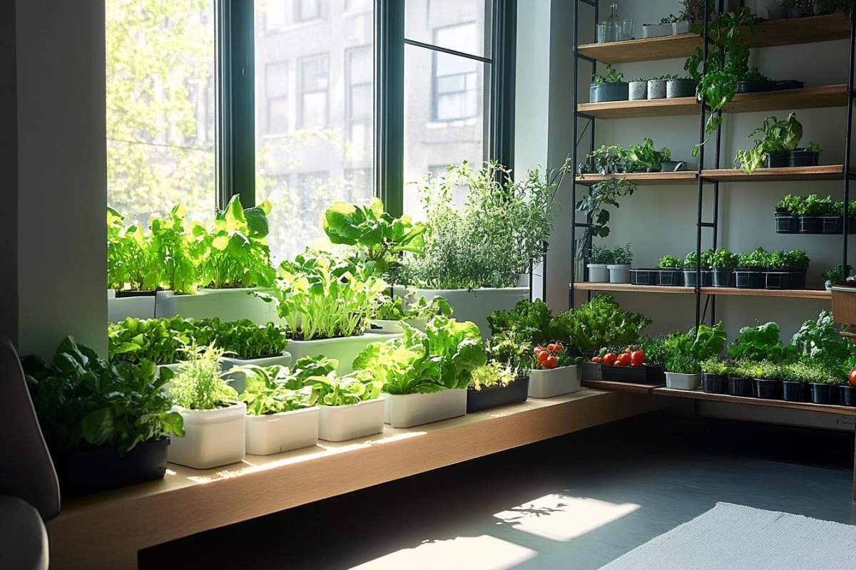 Indoor vegetable containers near grow lights