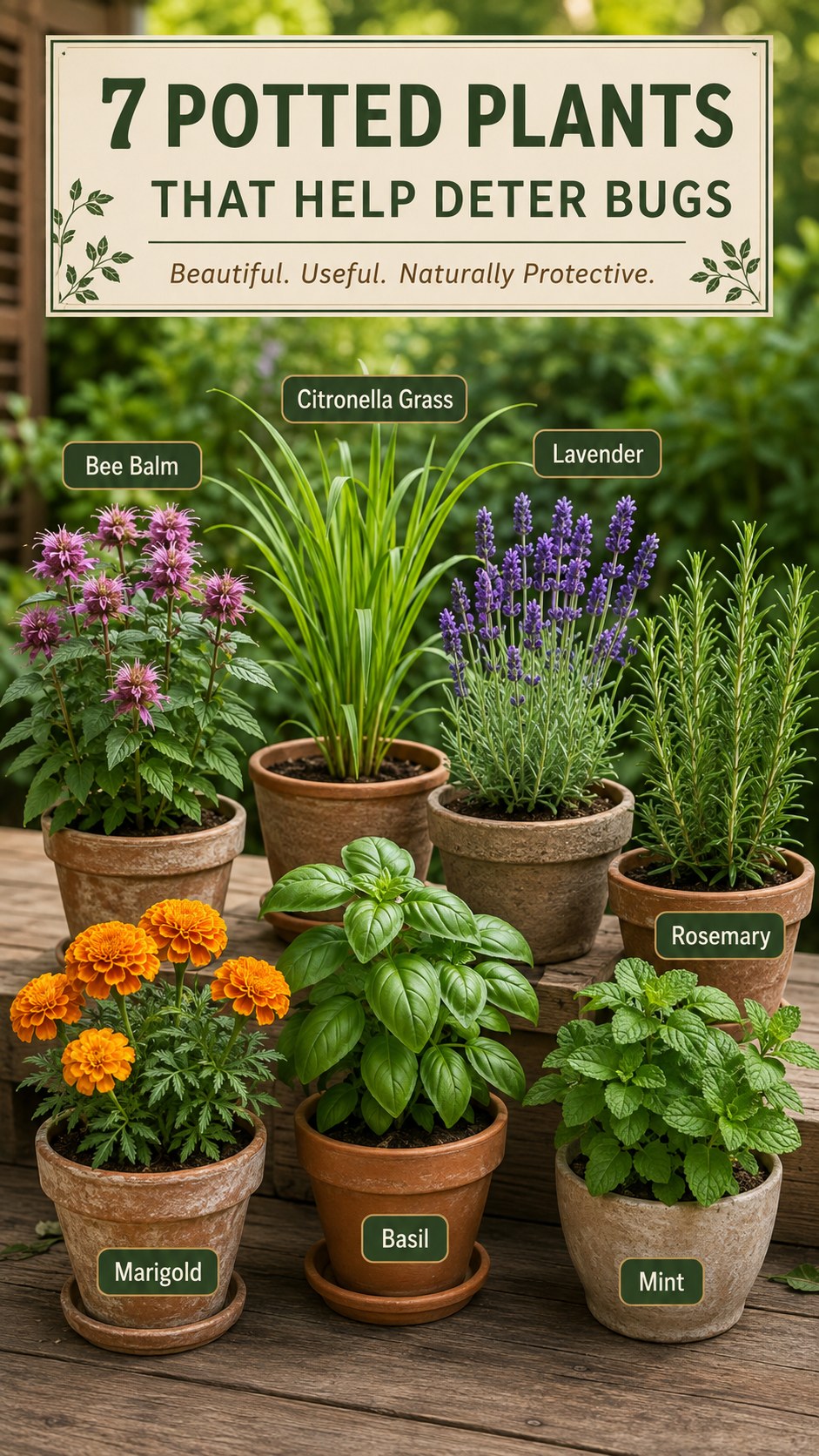 Seven potted insect repellent plants labeled bee balm, citronella grass, lavender, rosemary, marigold, basil, and mint