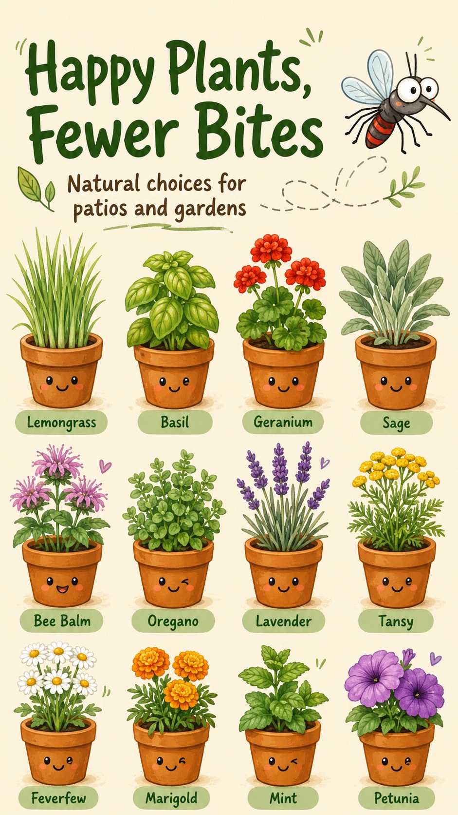 Twelve illustrated potted herbs and flowers marketed as natural insect repellent plants for patios and gardens