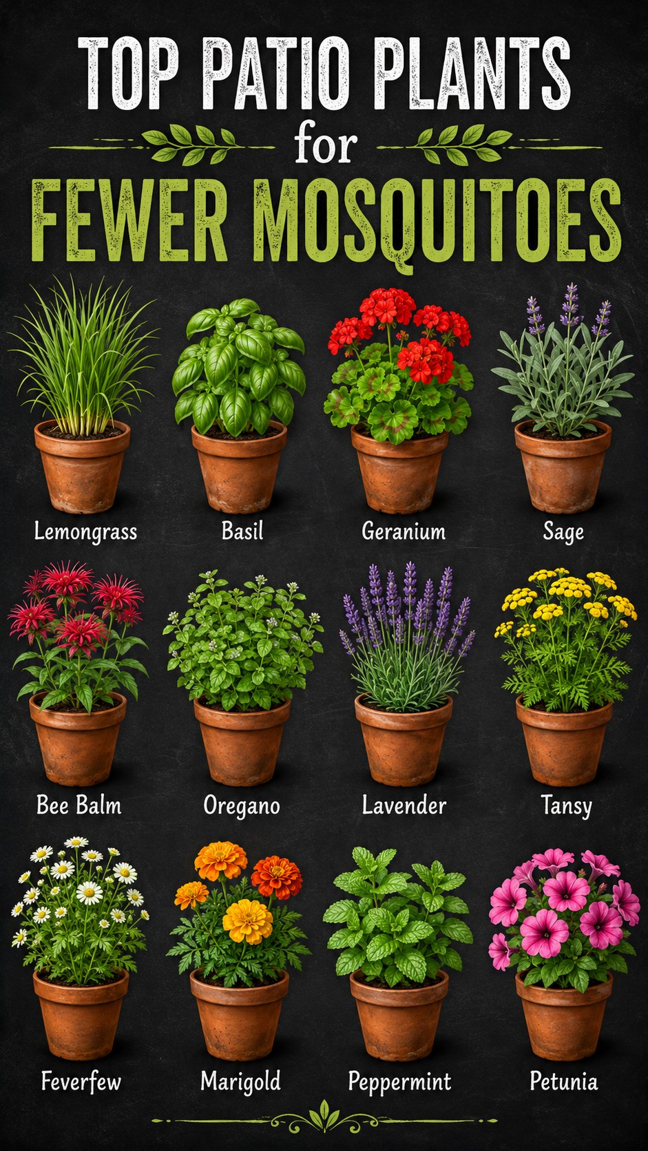 Twelve labeled potted patio plants including lemongrass and basil grown for fewer mosquitoes outdoors